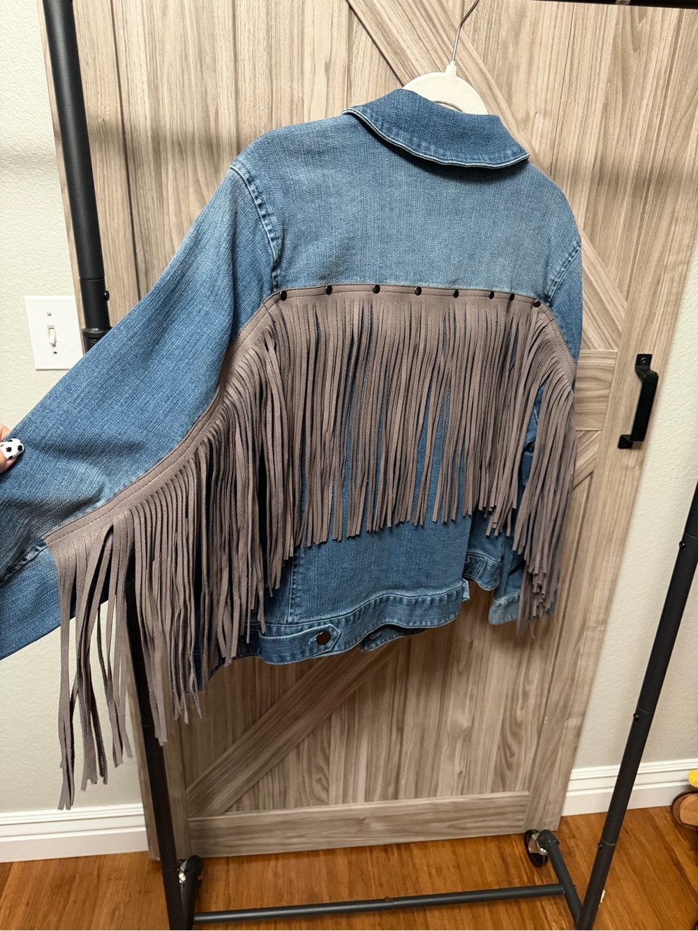 GILI 18W Denim Western Fringe Jacket Faux Suede Studded